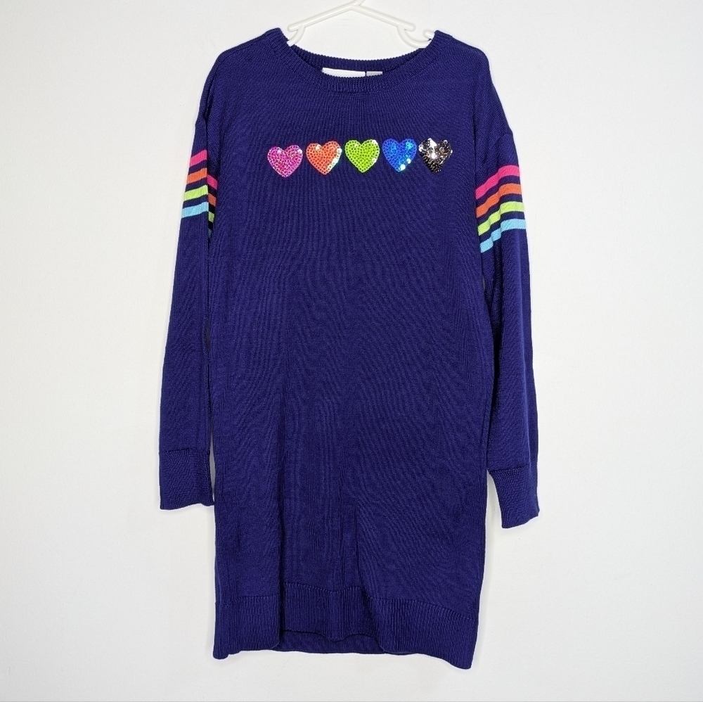 NWT Children's Place Blue Rainbow Striped Sequin Heart Sweater Dress 5/6
